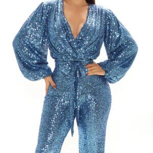 Step My Way Sequin Jumpsuit - Blue
